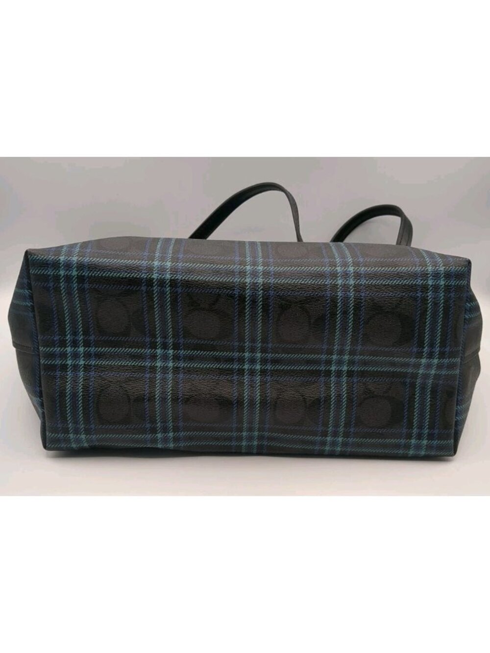 Coach Navy Shirting Plaid Signature Coated Canvas Zip Top Tote F80032 - Picture 5 of 13